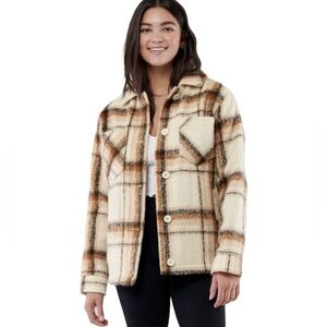 Hollister Jacket Women's Plaid Jacket Cream and Brown Cozy Teddy Neutral